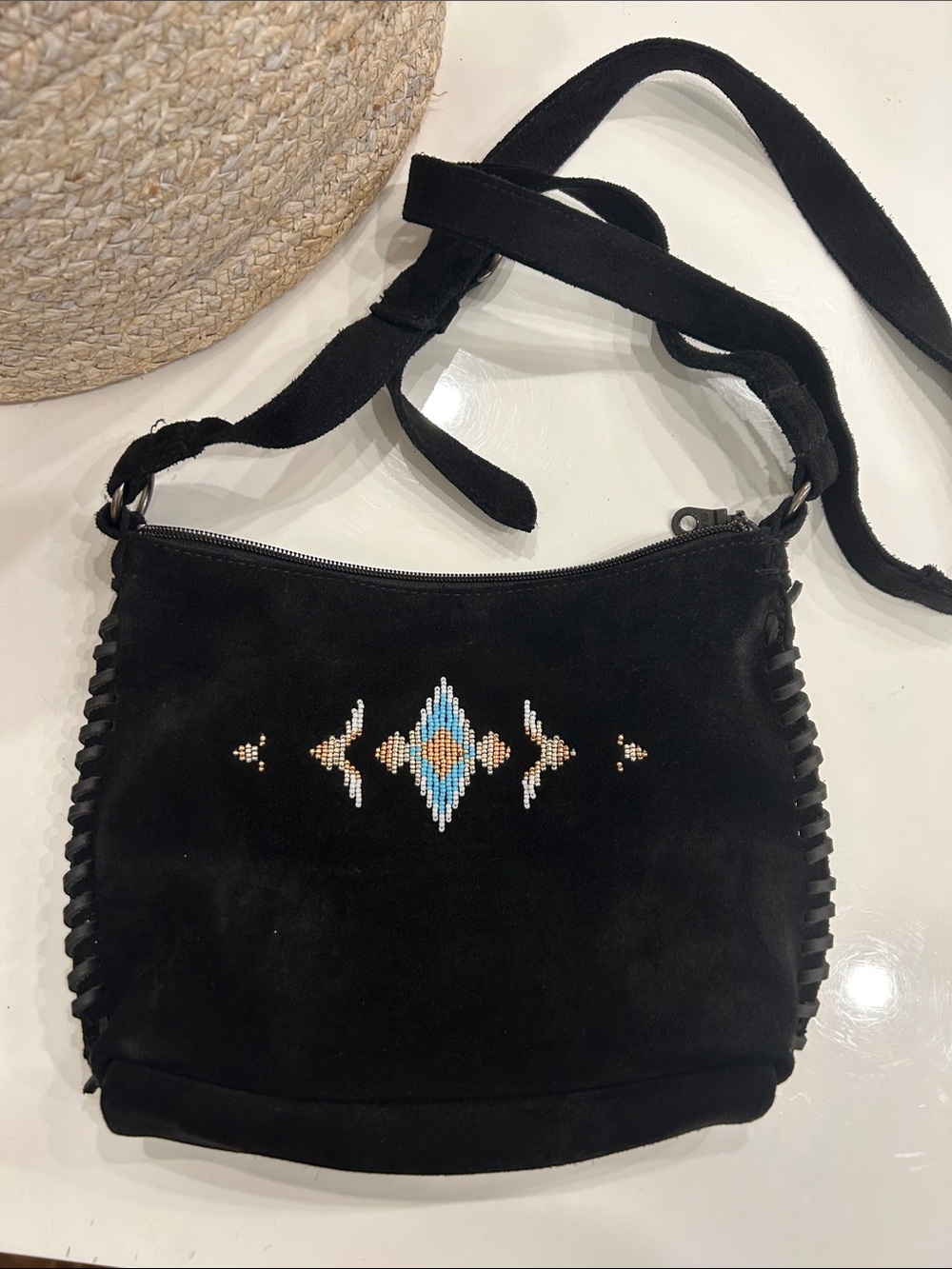 Minnetonka Black Suede Shoulder Bag with Turquoise and Tan Bead Motif